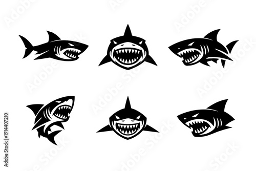 Aggressive shark head logo set in bold black silhouette style, featuring fierce marine predators ideal for sports mascots, esports teams and branding.