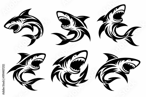 Collection of dynamic shark mascot logos in aggressive poses. Black and white vector silhouettes for sports teams, fishing brands and tattoo design.