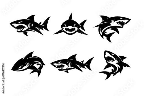 Collection of aggressive shark silhouettes in dynamic poses. Black vector icon set of marine predators isolated on white background.