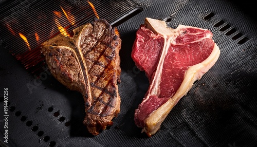 T Bone Steak Raw And Grilled Meat Comparing