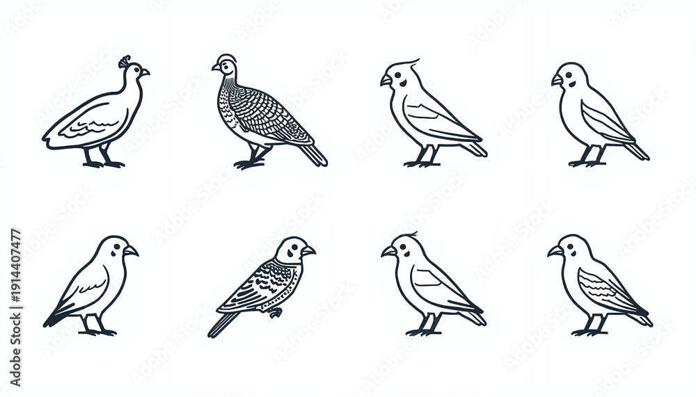 Fototapeta premium A black and white illustration of various bird species standing alone