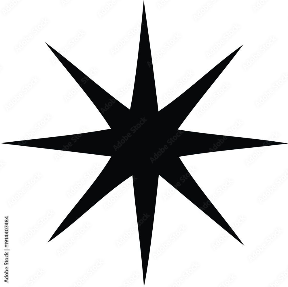 Fototapeta premium A black eight pointed star icon isolated on white background with sharp geometric edges