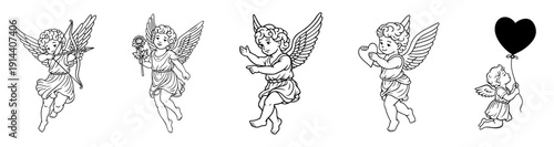 Hand Drawn Cupid and Angel Set for Valentines Day, Romantic Flying Cherubs with Wings Hearts Bow Arrows Rose and Balloon