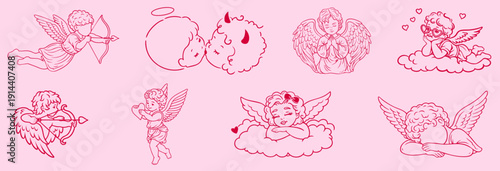 Hand Drawn Cupid and Little Angels Set for Valentine’s Day, Romantic Cherubs with Hearts, Love Arrows and Bow, Heart Glasses, Sleeping and Praying Angels