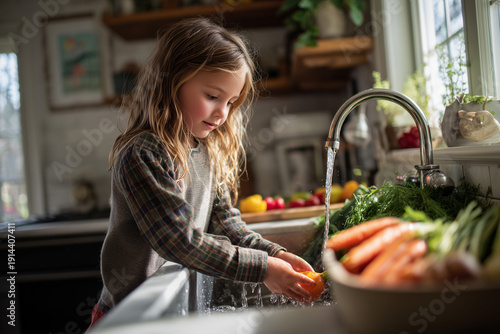 Young girl washing vegetables in kitchen sink with fresh produce nearby
