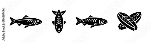 Set of black fish icons in minimalist style, flat vector illustration