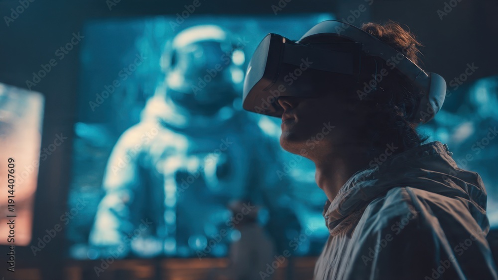 Fototapeta premium Man using VR headset, looking up