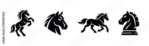 Horse silhouettes and chess knight icons, flat vector illustration