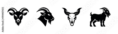 Goat and ram silhouettes and skull head icons, flat vector illustration