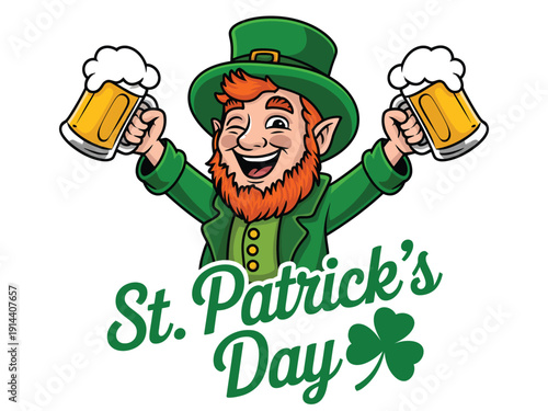 Leprechaun character joyfully holds two beers for St. Patrick's.
