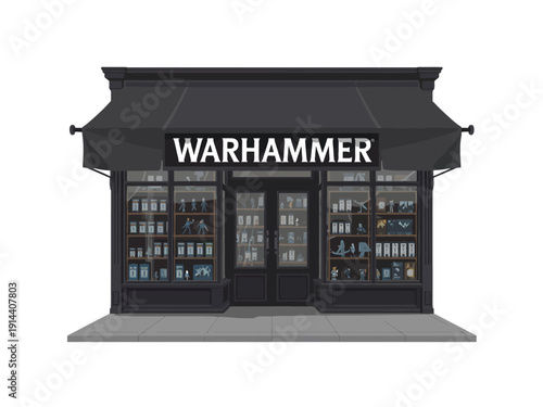 Warhammer store illustration, a modern retail shopfront with display windows.