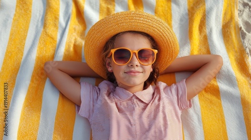 A young girl enjoys the sun on a yellow beach towel while wearing sunglasses and a straw hat. She looks very relaxed and peaceful while having fun in the sun.