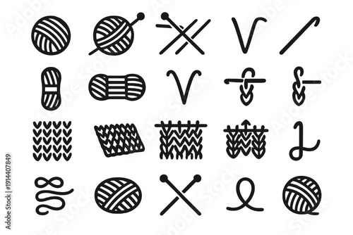 Knitting Outline Icons Set - Yarn Ball Wool Skein Needles Crochet Hook Stitches Knit Purl Garter Stockinette