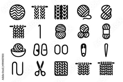 Knitting Line Icons Set - Yarn Ball Wool Skein Needles Stitches Scissors Safety Pin Crochet Hook