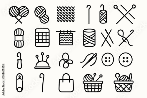 Sewing and knitting line icons set with yarn, needles, hooks, buttons and craft tools. Minimal handmade hobby symbols isolated on white.