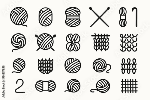 Knitting and yarn silhouette icons set with wool balls, skeins, needles and stitch patterns. Black handmade craft symbols isolated on white.