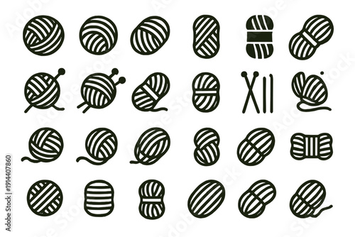 Yarn ball and knitting skein icons set in black silhouette style. Collection of wool symbols isolated on white background for craft and handmade design.