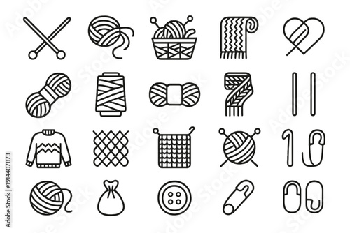 Knitting and sewing outline icon set with yarn balls, needles, sweater, fabric patterns and accessories in minimal line vector style for craft projects.