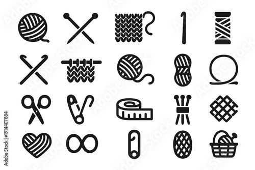 Knitting and sewing icon set with yarn, needles, scissors, measuring tape and fabric symbols. Minimal black outline vector collection for craft design.
