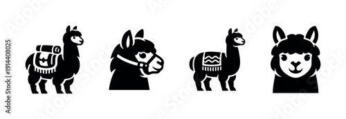 Llama silhouettes and heads collection, flat vector illustration