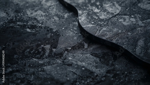 Surface of Dark Stone With Water Droplets Captured Close up at a Low Angle Du...
