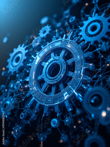 Digital illustration featuring blue gears on a dark background, abstract technology concept, glowing connections and hightech atmosphere, ultrarealistic 8K render