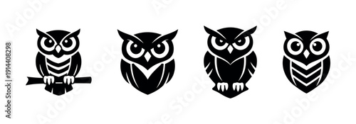 Stylized owl icons in black and white, flat vector illustration