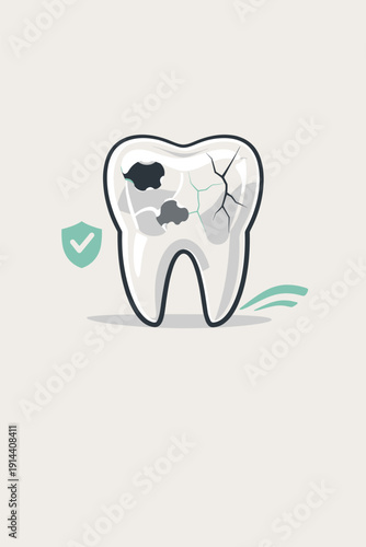 Tooth with cavities and cracks icon with protection shield. Dental care vector illustration representing oral hygiene, treatment and tooth protection.