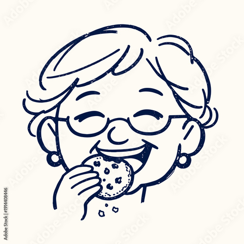 Smiling grandmother eating cookie. Cute line art vector illustration of happy senior woman enjoying dessert, isolated on light background.