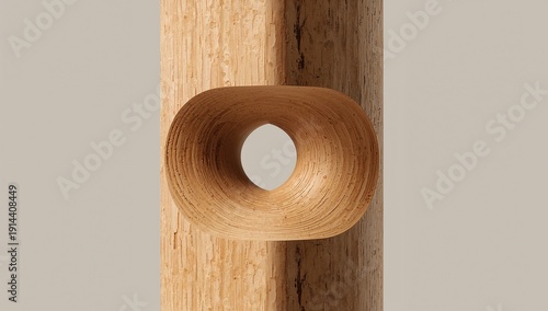 Wood Sculpture With Carved Circular Hole in a Wooden Log in a Simple Indoor S...