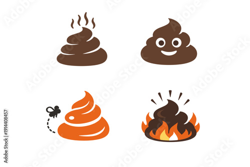 Collection of poop icons in various styles including cute face, stink lines and burning pile. Funny vector illustration set isolated on white background.