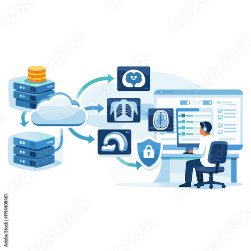 Healthcare cloud computing concept illustration with medical data storage, diagnostics dashboard, security shield and doctor at computer in flat vector style.