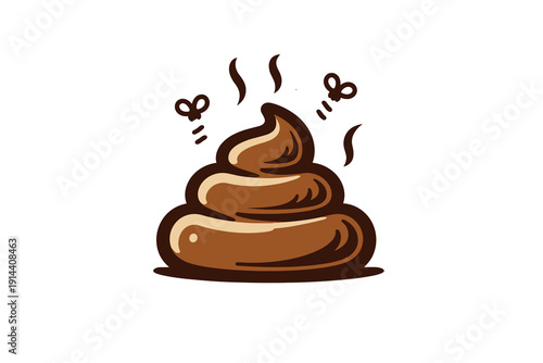 Cartoon poop emoji with flies and smell lines. Funny brown vector illustration isolated on white for humor, sticker and emoji design themes.
