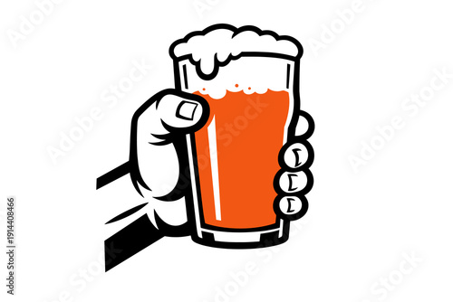Hand holding a pint glass of beer in bold flat vector style with foam top, isolated on light background, perfect for bar, pub, brewery, Oktoberfest and beverage branding.