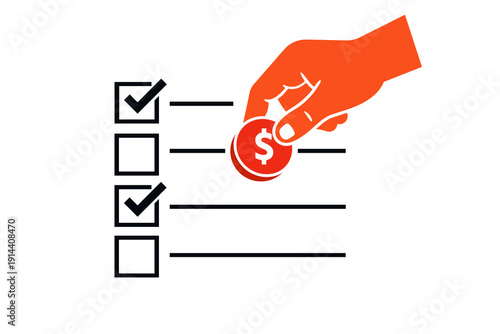 Hand placing dollar coin on checklist form. Vector illustration representing payment approval, financial audit, budgeting and expense management concept.