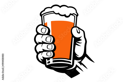 Hand holding a pint glass of beer with foam. Bold black and orange vector illustration for pub, bar, brewery and Oktoberfest design themes.