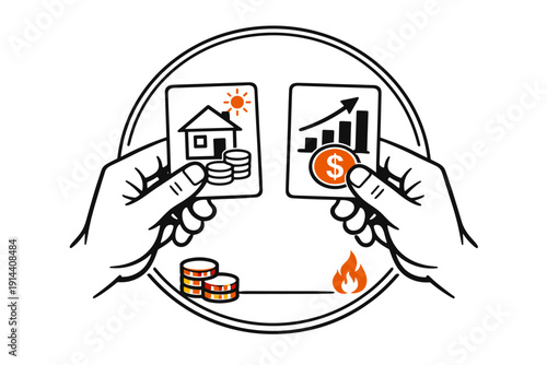 Hands holding cards with house savings and investment growth chart. Vector illustration showing financial choice between property and profit strategy.