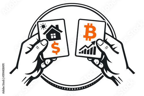 Hands holding cards with house dollar symbol and bitcoin chart. Vector illustration representing real estate investment versus cryptocurrency growth concept.