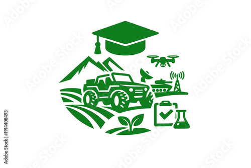 Green agriculture and agritech emblem with tractor, drone, mountains and graduation cap. Farm innovation and education concept vector isolated on white.