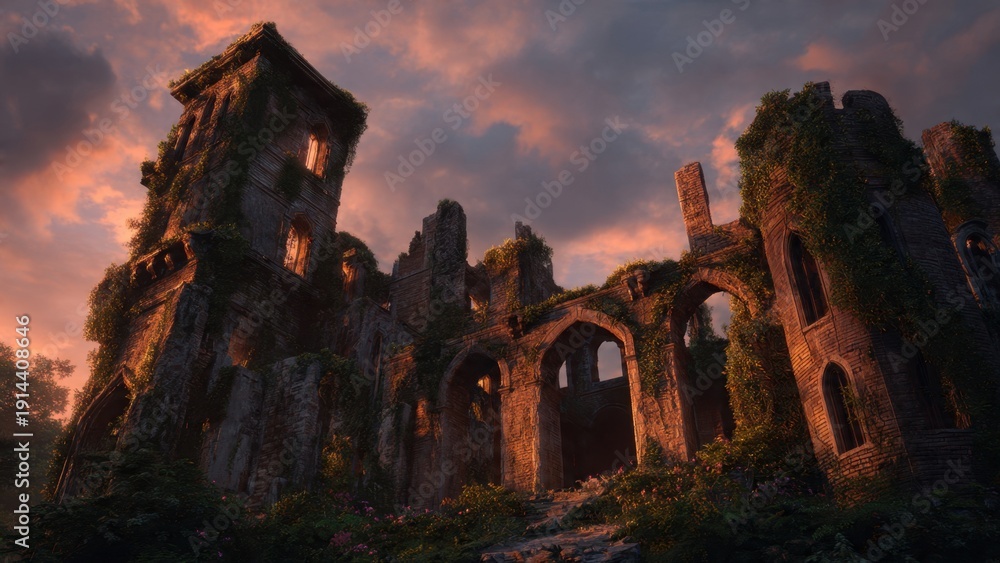 Obraz premium Ruins of an old castle at sunset