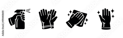 Cleaning tools and hands icon set, flat vector illustration