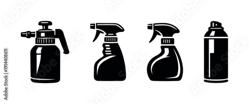Cleaning spray bottles and containers icons, flat vector illustration