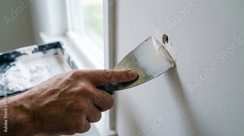 Man hand using steel putty knife to apply white spackle on small hole in painted wall during home repair.