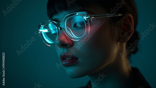 Model Poses With Glasses in Neon Light at a Studio During a Photoshoot in the...