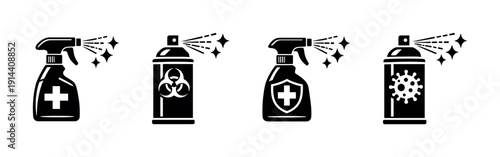 Disinfectant spray bottles and virus icons, flat vector illustration