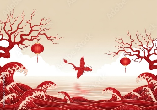 A vibrant red bird soars over a tranquil sea with barren trees and lanterns in the background