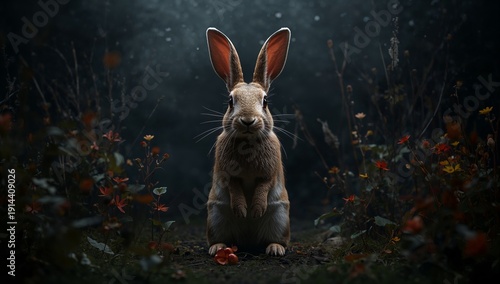 Rabbit Sits Among Flowers in a Dark Forest During Night Time