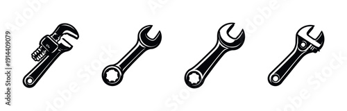 Set of four wrenches in black and white, flat vector illustration