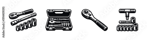 Socket and ratchet wrench set, black and white flat vector illustration