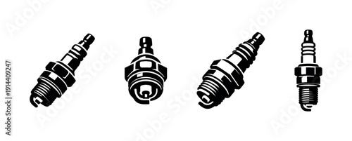 Spark plugs in various angles, flat vector illustration